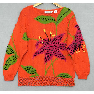 Vintage Tamblin Womens Sweater L Hand Knit Orange Floral Bobble Crochet 80s 90s